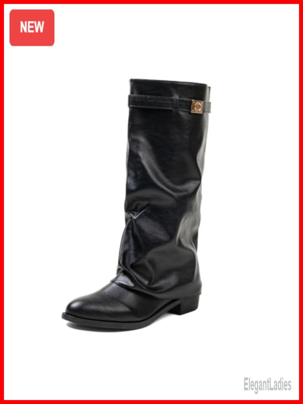 Faux Leather Knee High Boots Wide Calf Block Heel Pointed Toe Pull On
